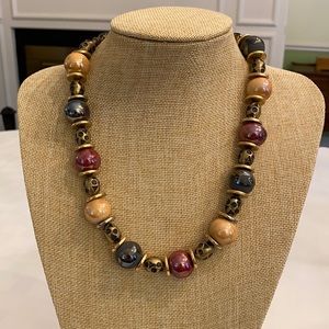 Festive Tribal Eclectic Vintage Necklace with Yellow Blue Red and Gold Beads